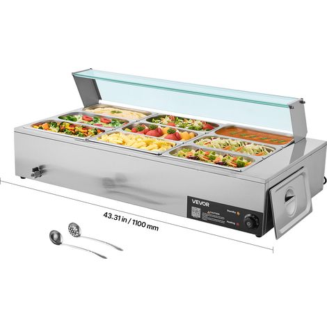 VEVOR Calentador de Alimentos Electrico de Acero Inoxidable 1500 W con Vapor y Cubierta Vidrio, 9 Bandejas, con Cucharones para Sopa y Perforados, a Restaurantes y Fiestas, 1100 x 570 x 385 mm (1/5)