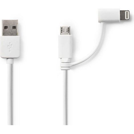 Cable 2 en 1 usb 20 usb a macho apple lightning 8 pinesusb micro b macho 480mbps 100m niquelado redondo pvc blanco bolsa de plastico