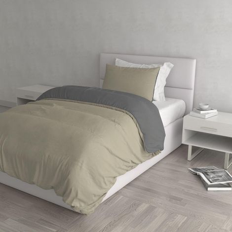 housse de couette double-face couleur unie avec taies d'oreiller, 100 % Coton, Gris Tourterelle/Gris foncé, single (1/5)