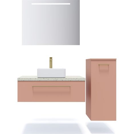 Meuble de salle de bain suspendu vasque à poser 90cm 1 tiroir Abricot + miroir + colonne ouverture droite - Glasgow (1/5)