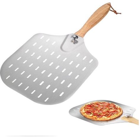 Pelle à pizza perforée en aluminium 31x35cm – Poignée amovible – Design anti-adhérent pour pizzas croustillantes (1/5)