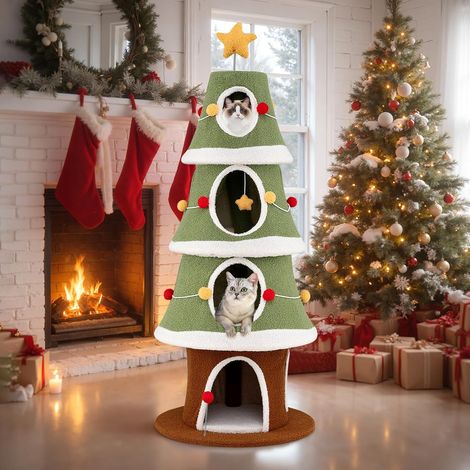 COSTWAY Albero di Natale per Gatti da Interno, Tiragraffi per Gatti Alta 154 cm con 4 Condomini, Pallina Pendete, Giocattolo a Molla e Stella in Cima, Mobile per Animali per Decorazioni Natalizie (1/5)