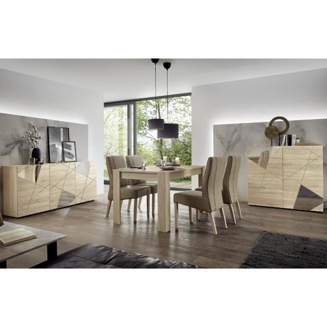 Salle à manger complète moderne 6 places – Buffet bas et haut coloris chêne clair – Table à manger design – Pour intérieur contemporain (1/5)