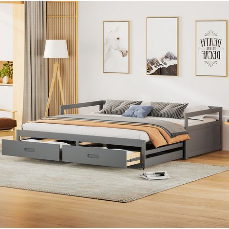 Canapé-lit gigogne 90/200 cm gris en bois de pin avec sommier extensible et 2 tiroirs (1/5)