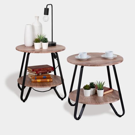 Meuble Cosy Lot de 2 Tables de Chevet Ronde Bouts de canapé Design et étagère de Rangement pour Lit, Salon, Chambre, Bureau en Bois d'ingénierie Cadre en Acier Robuste, Marron Clair (1/5)
