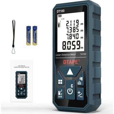 Laser Distance Meter 100m,DT100 Portable Handle Digital Laser Measure Tool Range Finder Larger Backlit LCD 4 Line Display IP54 Shockproof Battery Included (1/5)