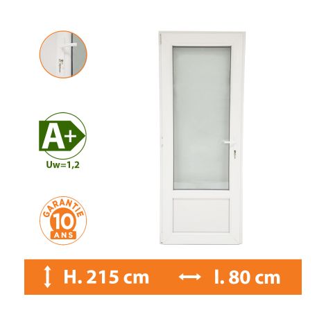 Direct Fenêtres – Porte-fenêtre PVC 1 vantail blanc – Tirant gauche – H.215 x l.80 cm – Double vitrage 4/16/4 – Isolation thermique A+