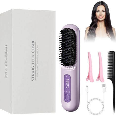 Brosse Lissante Sans Fil, Fer à Lisser Sans Fil, Brosse Lissante pour Cheveux, 140°C-200°C 3 réglages de température avec affichage LED, idéal pour les voyages et l'utilisation quotidienne (1/5)
