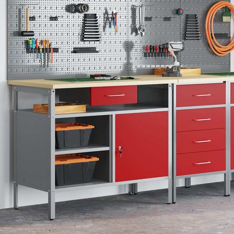 Werkbank mit Schubladen mit Regal Rot und Grau 100 x 55 x 85 cm
