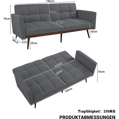 Canapé-lit futon moderne du milieu du siècle en lin mélangé, 146 cm de large, dossier réglable en 5 positions et accoudoirs fixes, pieds en métal, gris (1/5)