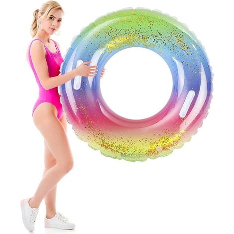 Bouée arc-en-ciel, 1 bouée gonflable à paillettes arc-en-ciel avec poignée, décorations pour fêtes aquatiques, accessoires de piscine pour adultes, jouets aquatiques d'été (1/5)