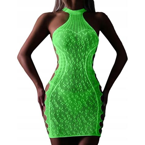 Im Dunkeln leuchtender Netzbody mit Loch, Fluo-Kleid von R.Uni