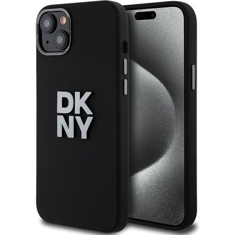 Custodia DKNY in silicone liquido con logo metallico per iPhone 15/14/13 (nera) (1/5)