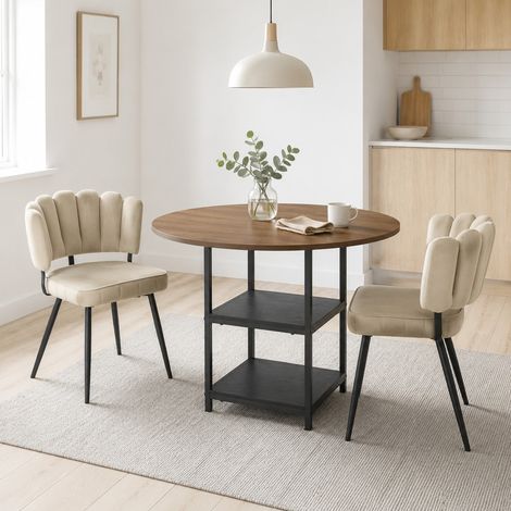 Conjunto mesa redonda y 2 sillas 107 cm con almacenaje, nogal y negro DESVIAE (1/5)