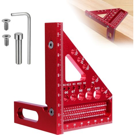 Règle d'angle pour le Travail du Bois, Equerre 3D Aluminium à 45/90 Degrés, Outil de Mesure Polyvalent de Haute Précision pour Ingénieur, Charpentier, Bricolage (Rouge) (1/5)