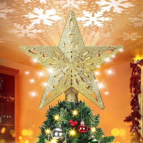 Étoile de Noël avec projecteur LED flocon de neige, sommet d'arbre lumineux argenté pour décoration intérieure/extérieure, étoile scintillante à 5 branches, lot de 1 (1/3)