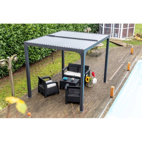 Habrita – Pergola bioclimatique aluminium gris anthracite – Ventelles latérales mobiles imitation bois – Dimensions 240 x 300 cm – Surface 7,2 m²