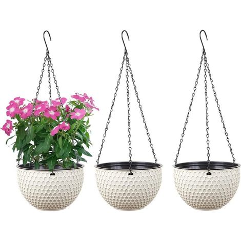 Set di 3 fioriere sospese con serbatoio d'acqua autoirrigante, fori di drenaggio, struttura a nido d'ape, catena antiruggine, beige, taglia S 16,5 cm. (1/5)