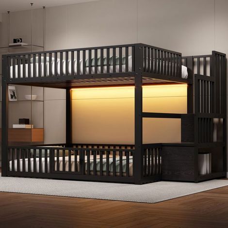 Lit superposé - SOGEU - 140x200 - Escalier avec rangement - LED intégrée - Barrière de sécurité avec porte (1/5)