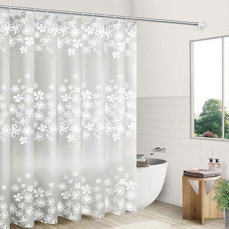 Rideau de douche transparent 180 x 200 cm, motif floral, en PEVA imperméable, avec 12 anneaux. (1/5)