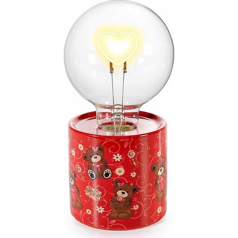 Lampade con LED a forme di cuore su base in ceramica con stampa orsetti innamorati, set da 2 pezzi, Ø 9,5 cm x 18 H