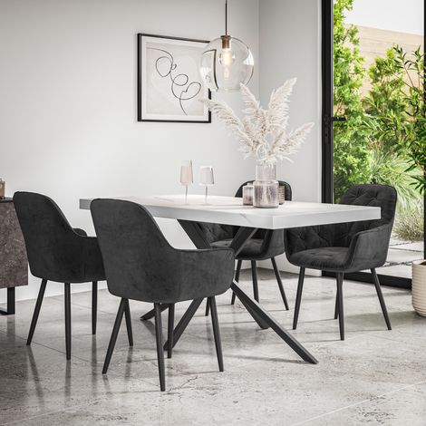 Donni Dining Table And Chairs -  White Marble Effect Table Top w Black Legs + Anika Velvet Dining Chair Set Of 4 (Black) (1/5)