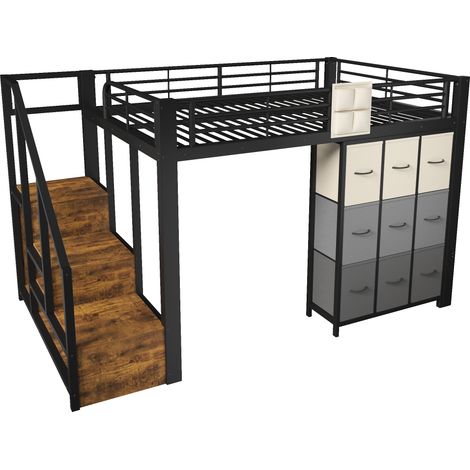 Lit mezzanine 140×200 cm en métal, avec tiroirs, barre de penderie, garde-corps, escalier de rangement, sans matelas, noir