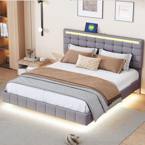 Lit rembourré 160x200cm, cadre de lit suspendu capitonné avec éclairage LED et tête de lit design, lit d'appoint double plat en lin gris doux pour la peau, garantie 2 ans