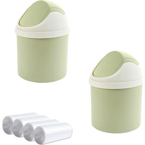 Mini poubelle de bureau 2 pièces avec couvercle et 4 rouleaux de sacs, idéale pour table, vanité, maison, voiture. Vert. (1/5)