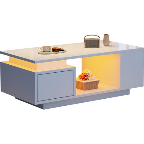 ELVMI Mesa de Centro con 1 Cajón, Hueco Central, 4 Estantes Laterales y LED USB para Salón, 100 x 50 x 36 cm, Blanca (1/5)