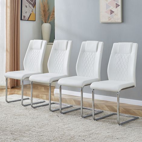 Lot de 4 chaises scandinaves blanches en PU, dossier style résille, piètement métal argenté, patins anti-dérapants – idéales pour salle à manger.