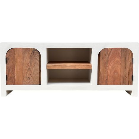Meuble TV Bas Lowboard Scandinave en Bois d'Acacia Massif et MDF Blanc pour Salon - PANGIVO (1/5)
