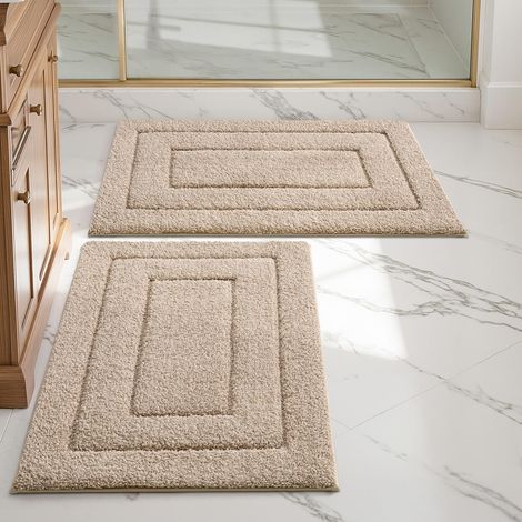JSSEVN - 2-Piece Bathroom Rug Set, 40 x 60 cm, Non-Slip, Soft Microfiber, Water Absorbent, Machine Washable, Extra Thick, Beige (1/5)