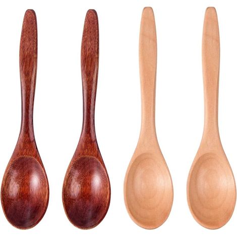 Lot de 4 Cuillère en Bois, Naturel, Nanmu et Schima, 14.5cm, pour Miel Café Thé Cuisine