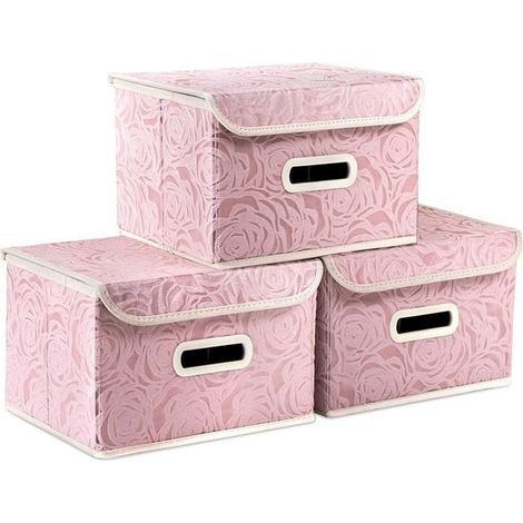 3 boîtes de rangement pliables, tissu résistant imperméable, rose tendre et blanc naturel, 25 x 20 x 17 cm, pour chambre, bureau ou dressing (1/5)
