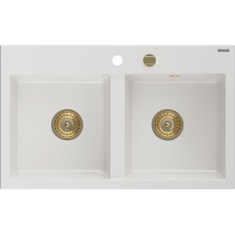 Mexen Hektor fregadero de granito de 2 senos 800 x 480 mm, blanco, sif贸n dorado - 6521802000-20-G (1/5)