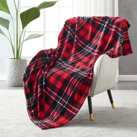 Couverture Plaid Polaire Lit pour Canapé en Molleton, Couverture Jeté en Flanelle à Carreaux Toute Saison 127 x 150 cm, Rouge/Gris