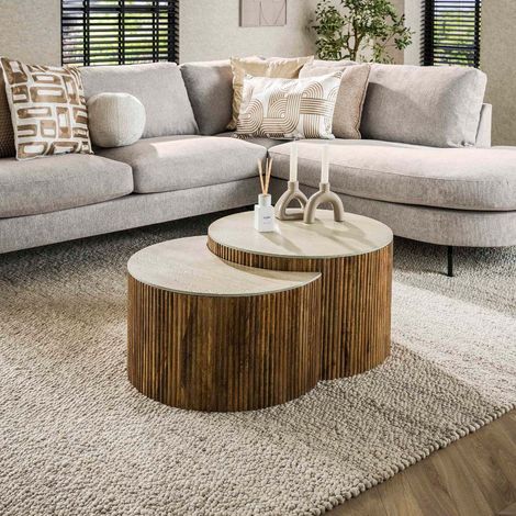Table basse en bois et céramique aspect travertin VONO (1/4)