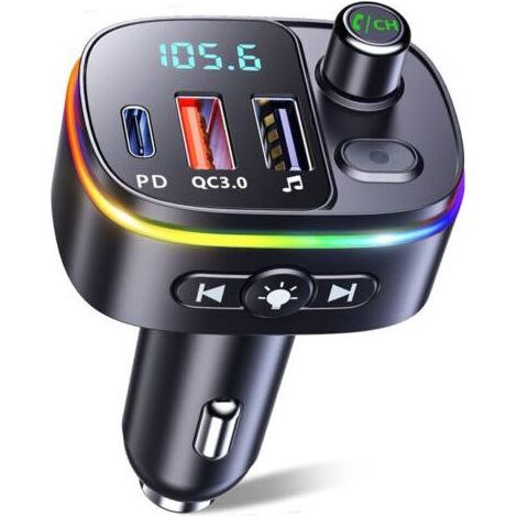 Bluetooth Voiture, QC3.0 & PD18W USB C Transmetteur FM Bluetooth 5.3 avec Appels Mains Libres, Adaptateur Bluetooth Voiture Autoradio Support Assistant Siri Google, Clé USB, 9 Rétroéclairés RV (1/4)