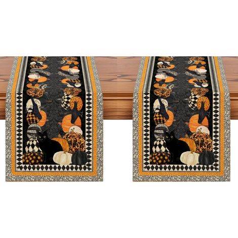 Camino de mesa con diseño de gato negro, calabaza y cuervo, estampado geométrico en negro y dorado, ideal para Halloween, 33 x 183 cm (2 piezas). (1/5)