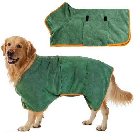 Peignoir-serviette pour chien - Séchoir rapide en microfibre absorbante - Taille S - Vert foncé (1/5)