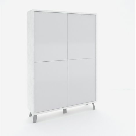 Credenza alta moderna a 4 ante per soggiorno Velbruk - Bianco - Bianco Lucido