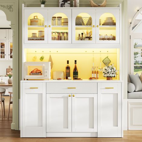 Vaisselier de cuisine 120 cm-3 vitrines-LED RGB via appli-Rangements latéraux coulissants-Tiroirs-Étagères réglables-Blanc