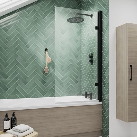 Nuie Pacific Matt Black Profile Square Hinged Bath Screen 1520mm H x 830mm W - 8mm Glass (1/4)