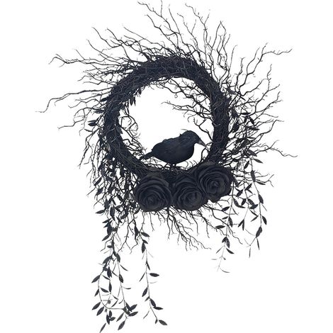 Couronne de corbeau factice à suspendre à la porte, anneau en rotin, décoration pour fête d'horreur, 45 cm (1/2)