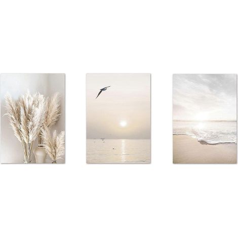Tableau sur toile en 3 parties, beige, coucher de soleil sur la plage, palmiers -- (1/5)