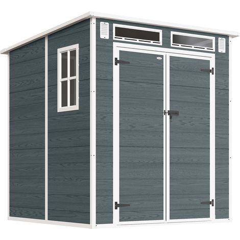 Abri résine jardin cabanon rangement double porte, 3 fenêtres, 2 aérations anti-UV, plancher inclus, surface 3,3 m², gris. (1/5)