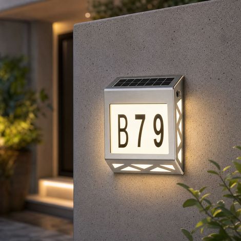 Targa per numero civico da esterno ad energia solare, in acciaio inox 304, impermeabile IPX5, con luce LED tricolore, illuminazione automatica per giardino e facciata. (1/4)