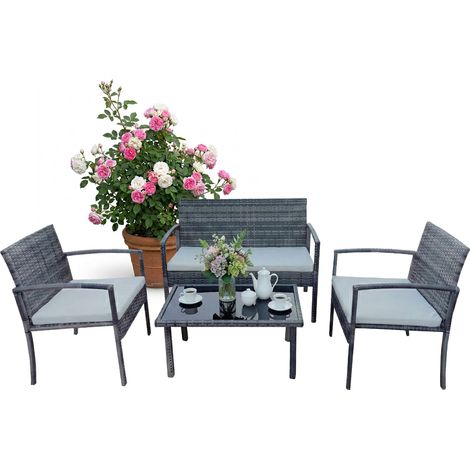Relaxdays set giardino 4 pz, salotto rattan 4 posti, panca, 2 sedie & tavolo vetro, grigio