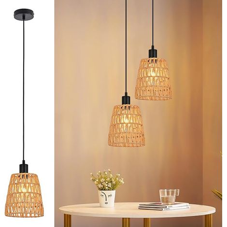 GBLY Lámpara Suspensión Boho Rotin 1 Llama Vintage Trenzada Cuerda de Lino E27 Pantalla Sin Bombilla Para Comedor Dormitorio (1/5)